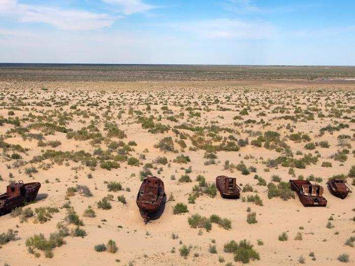 Aral Sea translates to "Sea of Islands," named for the over 1,100 islands it was once home to. Today, dozens of ships are disintegrating in the scorching desert heat.