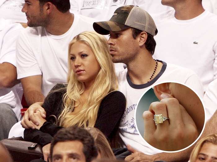 Anna Kournikova and Enrique Igelsias usually kept their relationship on the DL until she went public with a rather large radiant-cut canary diamond on her special finger.