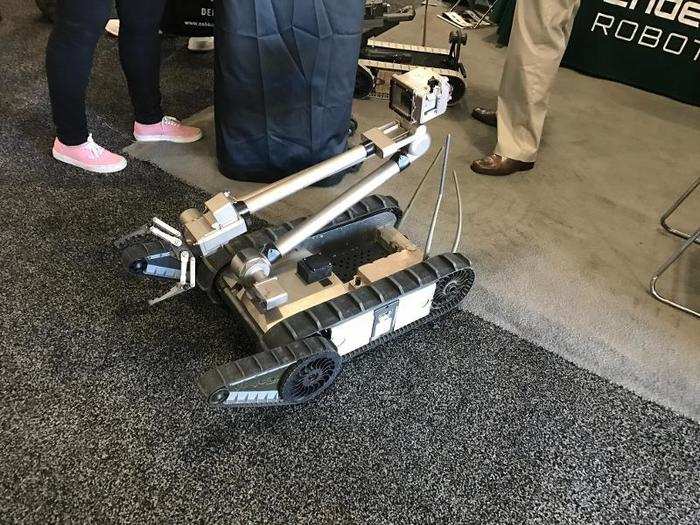 We got to play with this robot from Endeavor Robotics, which is mainly used for clearing roads of improvised explosive devices. This one is just 30 pounds and can fit in a backpack.