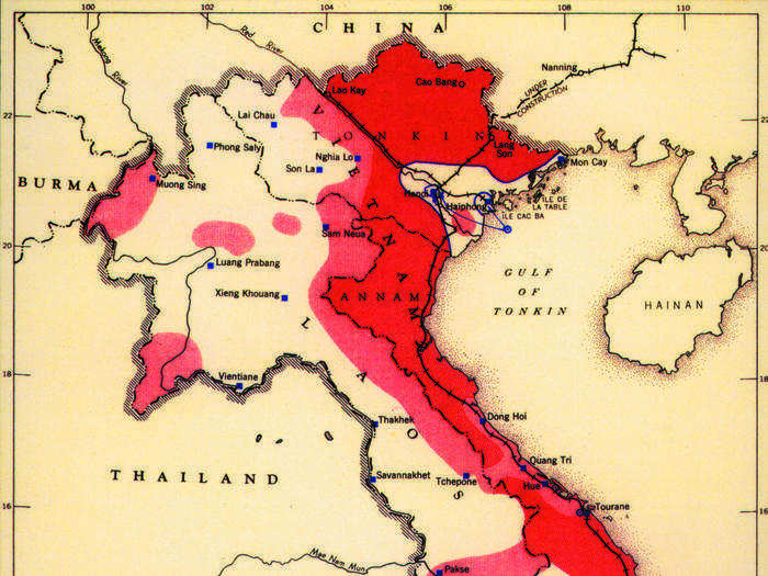 A map of French and Viet Minh areas of operations during the 1950s.