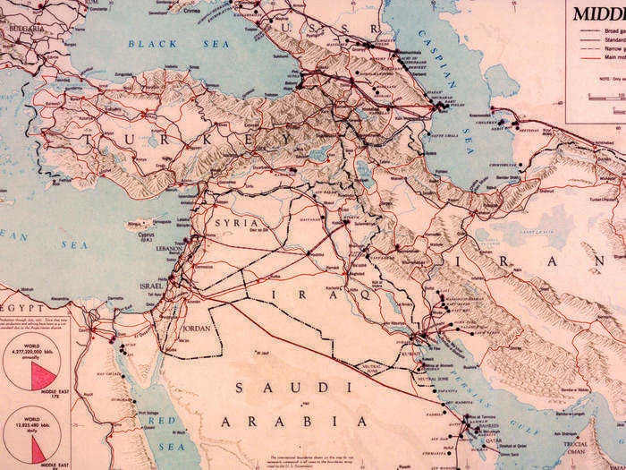 Oil transport and refining facilities in the Middle East in the early 1950s.