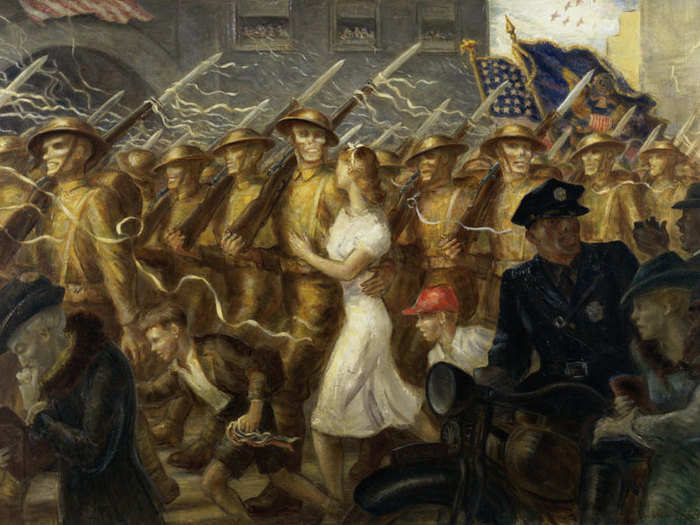 It was only after that war that many realized how awful it was. This 1938 painting by John Steuart Curry shows a parade of soldiers already becoming skeletons.