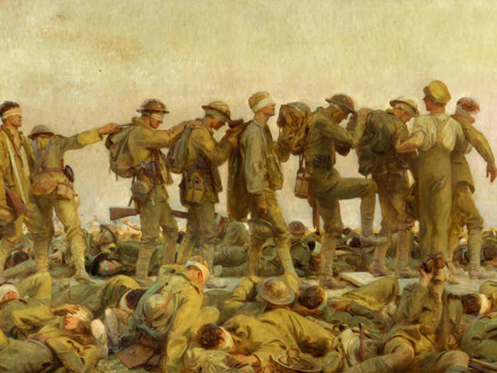 John Singer Sargent’s large epic painting, "Gassed," shows a disturbing scene he saw near Ypres—the blinded casualties of a mustard gas attack.