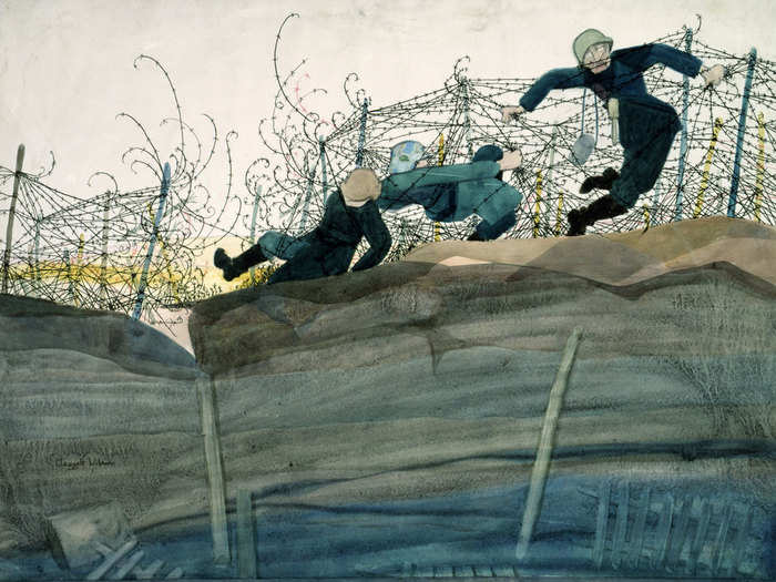 Another by Wilson shows the "Dance of Death" of men caught in barbed wire.