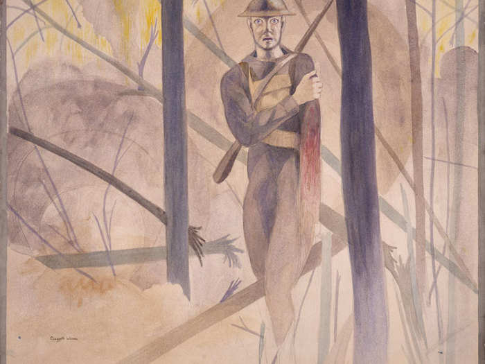 Another by Wilson shows a "Runner Through the Barrage, Bois de Belleau, Chateau-Thierry Sector; His Arm Shot Away, His Mind Gone."