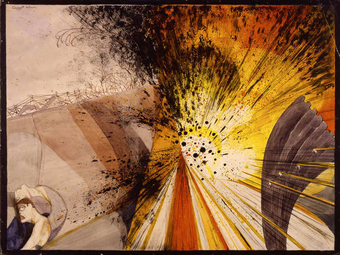 One of the few American artists who saw war firsthand was Clagett Wilson, who portrayed the chaos in startling modern works like this, "Flower of Death—The Bursting of a Heavy Shell—Not as It Looks, but as It Feels and Sounds and Smells."