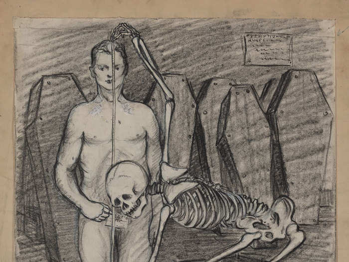 Another shows a skeleton measuring a man for a coffin, with the title, "Physically Fit."