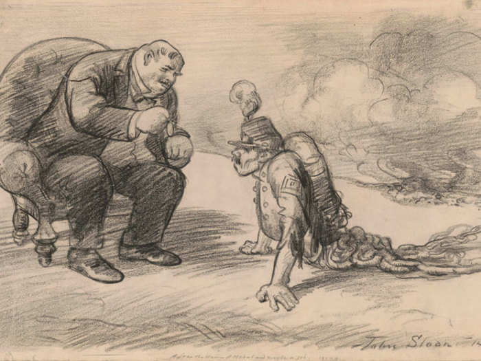 Some artists protested the war—as with this cartoon, published with the caption "His Master: You’ve done very well. Now what is left of you can go back to work."