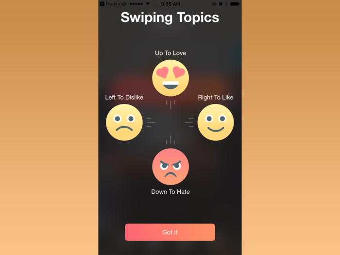 Hater then gives you a quick tutorial on how to navigate the app. When browsing the topics, you can swipe four ways to indicate how you feel.