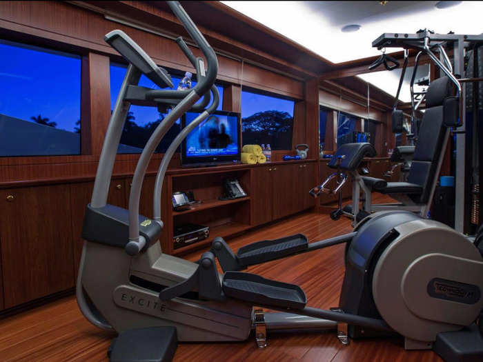 The yacht also comes with a fully outfitted gym.