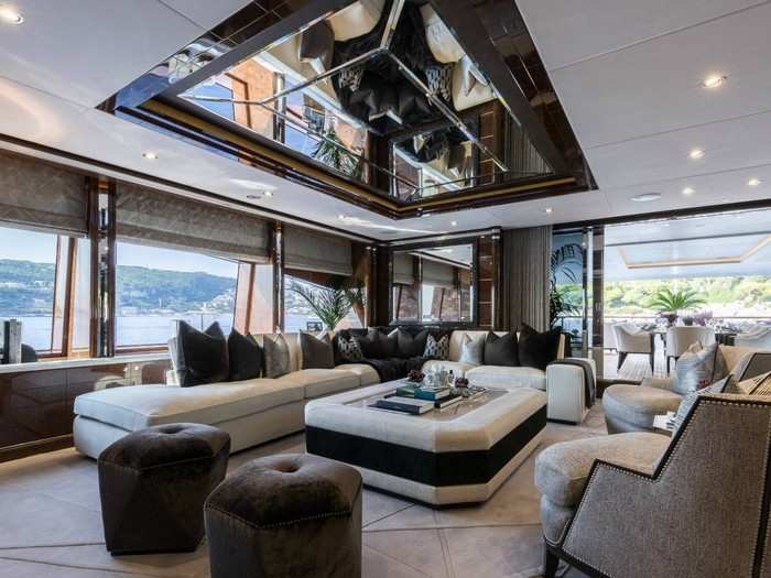 Altogether, the yacht features two Jacuzzi pools, a room with a massage bed and heated towel cabinet, and steam room.