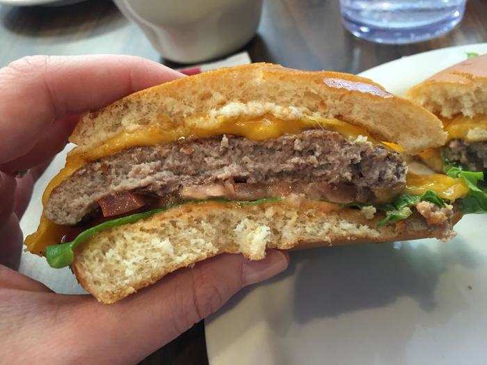 The burger was much larger than we were expecting. The patty was thick and flavorful and the cheese was melted perfectly between the patty and the bun.