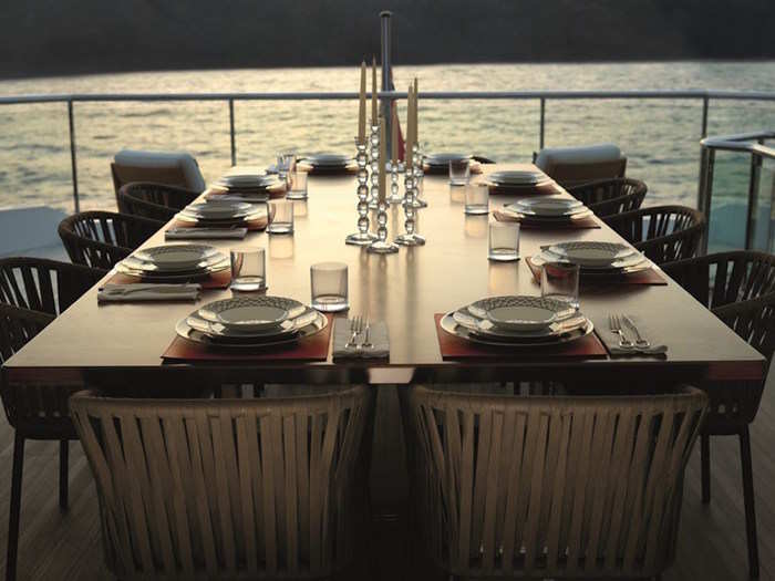 There are four levels to the yacht and three decks. The upper deck has space for a dining room table that can seat 12.