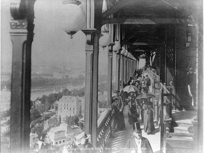 On a clear day, you can see 42 miles in each direction from the summit. Below is an 1889 photo of crowds standing along one of the tower