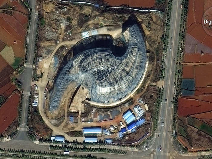 Chenggong, like other ambitious Chinese developments, has dramatic architecture—in this case surrounded by farmland.