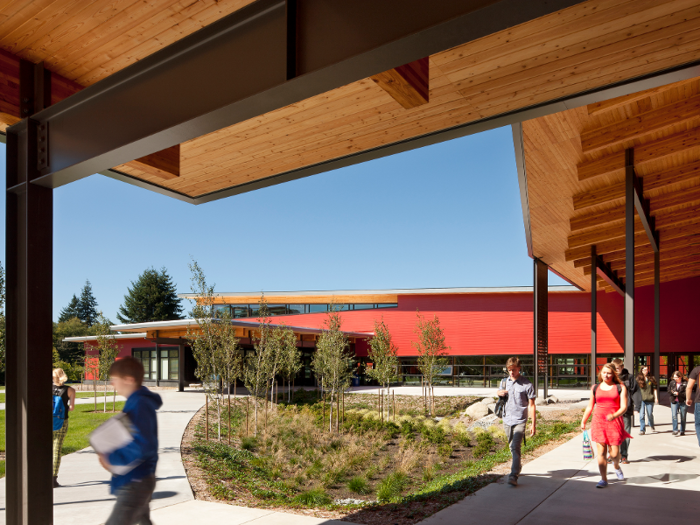 Vashon Island High School in Vashon, Washington features a red, low-slung roof and could easily live in a desert climate based just on looks.