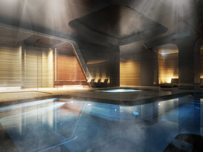 On the same floor, there will be a private spa, fitness center, and 75-foot pool with a skylight.