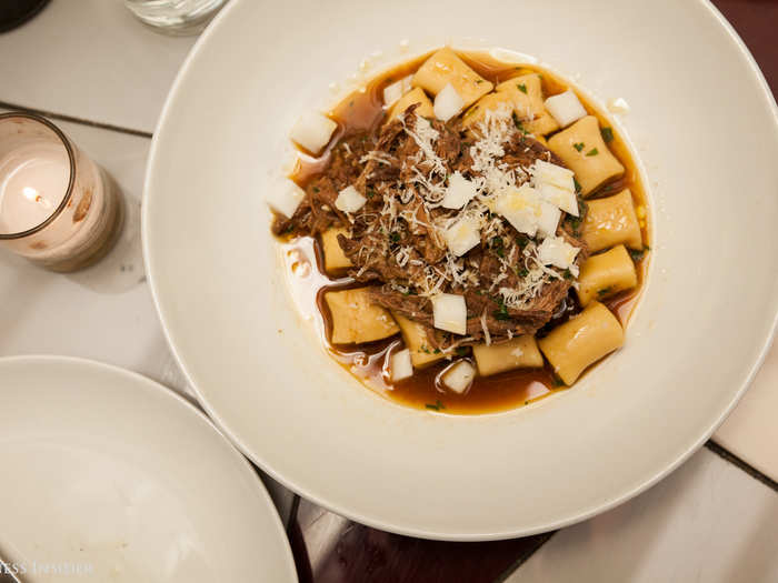 Next, the waiter served us floured gnocchi, picked radish, shaved horseradish, and thyme. The braised brisket was leftover from an entree served two days before. Though the gnocchi was more dense than we were accustomed to, the meat was delicious and juicy.