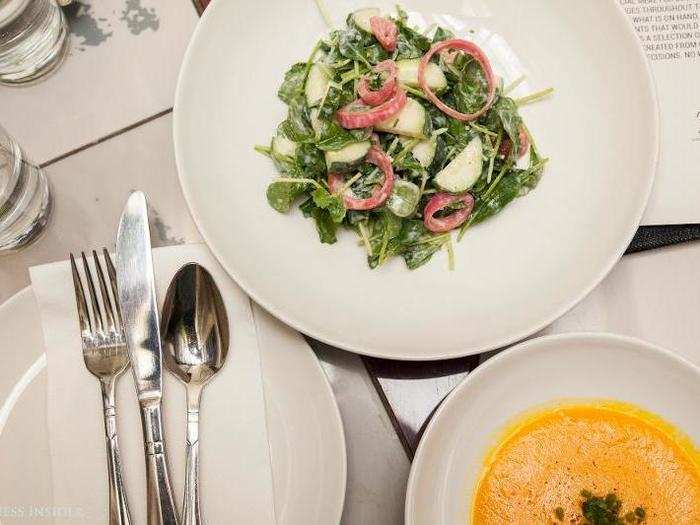 The first course was a refreshing salad, made with greens, cucumbers, and picked onions. The same dish was served earlier that morning at brunch. (Except for this dinner, the buttermilk dressing was new.)