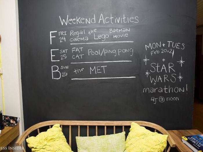 The chalkboard in the residential life office showed the weekend activities planned for students.