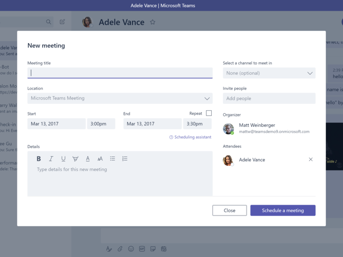 Joking aside, Microsoft Teams boasts deep and impressive integrations with the rest of the Microsoft suite. From any conversation, you can book an Outlook meeting with the participants.