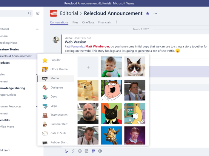 There are Facebook-style chat stickers, too. But Microsoft takes it a step further and adds a meme generator.