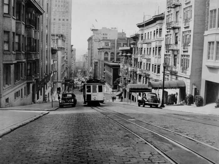 Throughout the first half of the 20th century, the city built up its infrastructure. Here’s a 1945 photo of a street with the city’s earliest streetcars, which debuted in 1873.