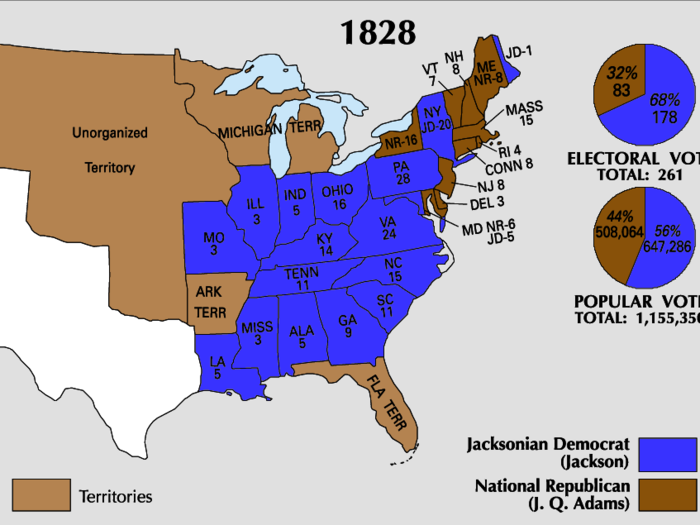 Appealing to the rural population with promises to rid the government of elitism, Jackson ran against Adams again in 1828 and this time won the presidency by both the electoral and popular votes.