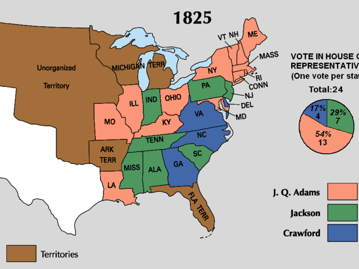 In 1824, Jackson was nominated as a candidate in the presidential election. He lost to John Quincy Adams, but won the popular vote.