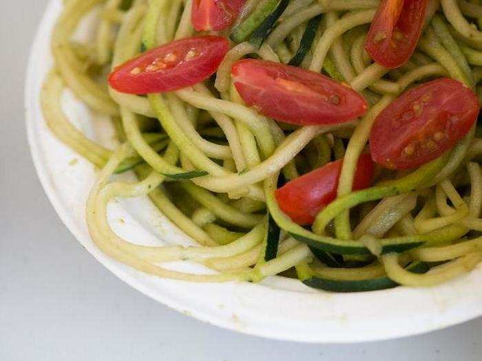 Some foods looked guilt-free and refreshing, like zucchini noodles tossed in a pine-nut-free, avocado-infused pesto sauce from Raw – A Juice Company. It cost $10.