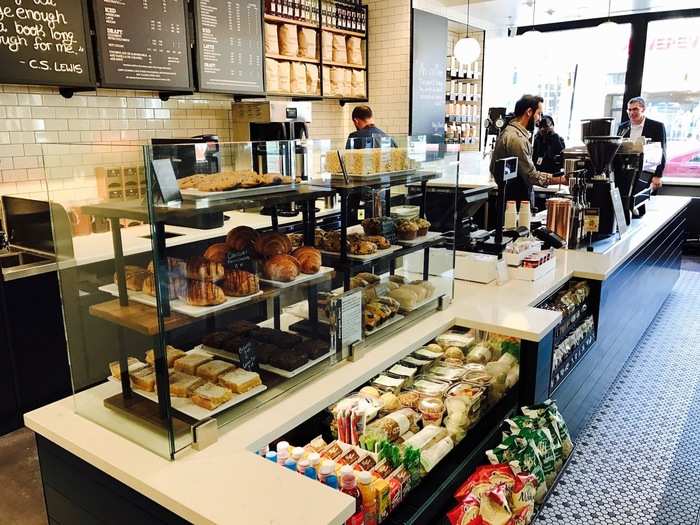 This is the second Amazon Books location with a coffee shop. The beans come from Oregon-based Stumptown and the locally baked pastries from Poppies Dough.