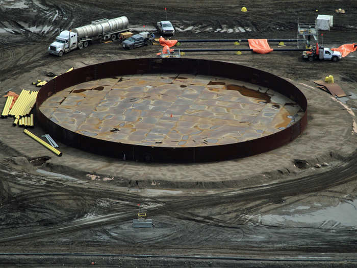 Once the oil is "upgraded" it goes to a storage tank, like this one that was under construction.