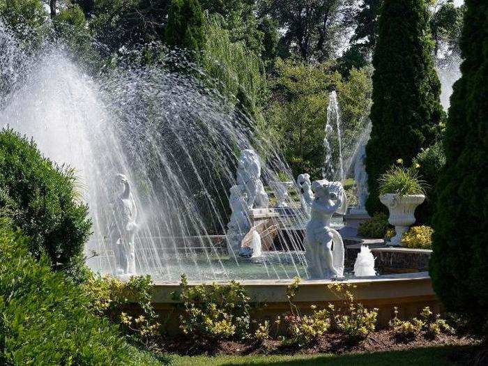 The fountains and statues on the property were inspired by the Peterhof Grand Palace in St. Petersburg, Russia.