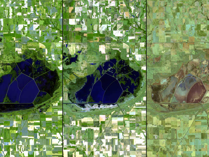 Droughts have affected the US intensely over the past few years as well. Here are three images of water drying up in Kansas, taken in 2010 (left), 2011 (middle), and 2012 (right).