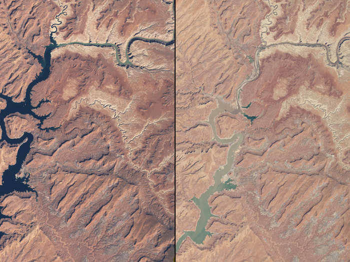 Rivers have been shrinking in Arizona and Utah as well — these images compare them in March 1999 (left) and May 2014 (right).