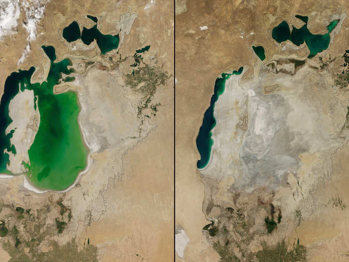 The Aral Sea in Central Asia shrunk drastically between 2000 (left) and 2014 (right).