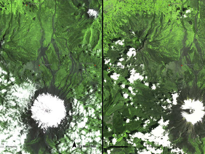 These images document melting ice in Ecuador, from March 1986 (left) to February 2007 (right).