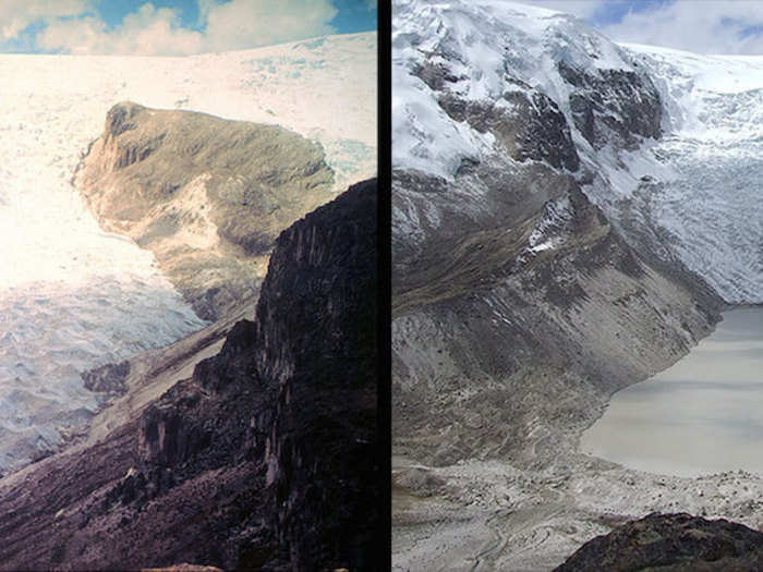 Climate change began to take a more extreme toll on glaciers in the 1970s as well. Here is a photo of Qori Kalis Glacier in Peru in 1978 (left) and again in 2011 (right).