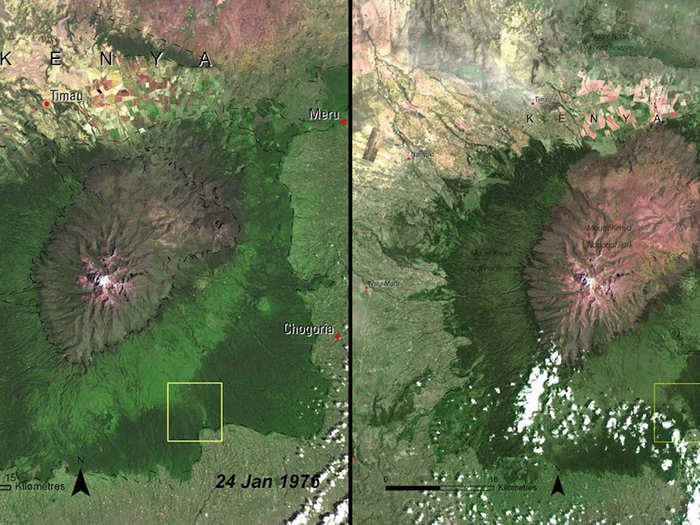 These images show the deforestation of Mount Kenya Forest in Kenya, 1976 (left) vs. 2007 (right).