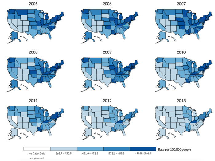 The data also shows how rates of new cancers have gone down in some states over the years — in particular Illinois and most of the western US.