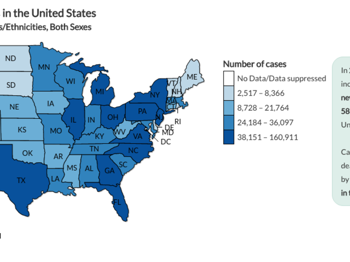 If you want to look at the overall number of new cancer diagnoses, the CDC breaks down that map as well.