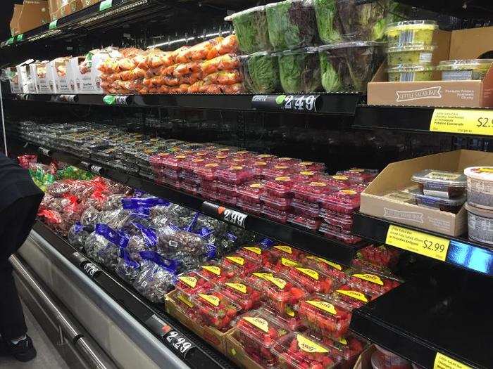 Fruit, salad greens, and vegetables are available, as well as premade dips and soups.
