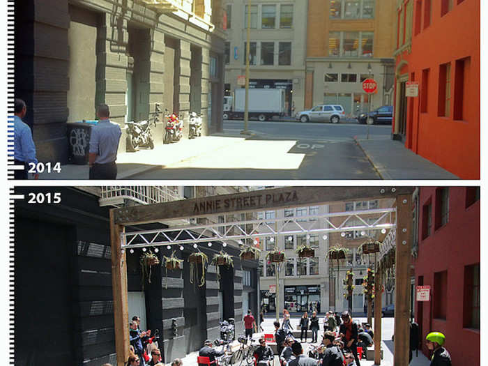 The makeovers vary in scale. This alleyway in San Francisco is nearly unrecognizable after getting an outdoor seating area installed.