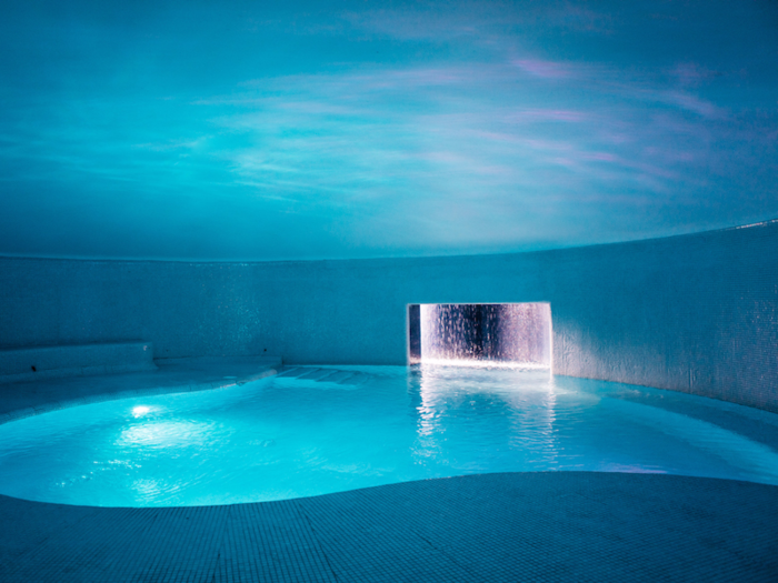 The hotel has two swimming pools: one outside and another indoor, which is connected to the outside pool by a staircase.