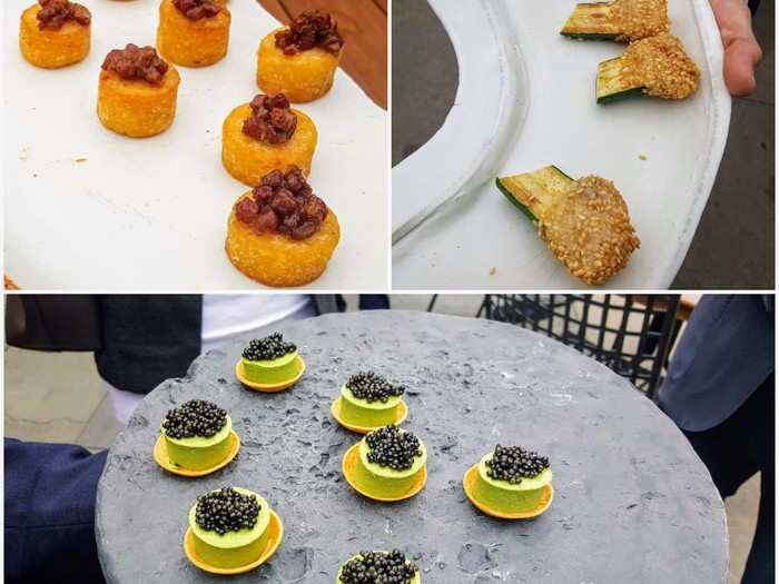 Servers just kept coming around with more tapas — zucchini with pancetta and sesame seeds (top right), polenta topped with ragu (top left), and caviar tarts (bottom). I learned I don