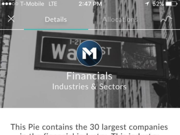 The financials pie, for instance, is made up of 30 of the largest financial firms such as UBS Group and JPMorgan.