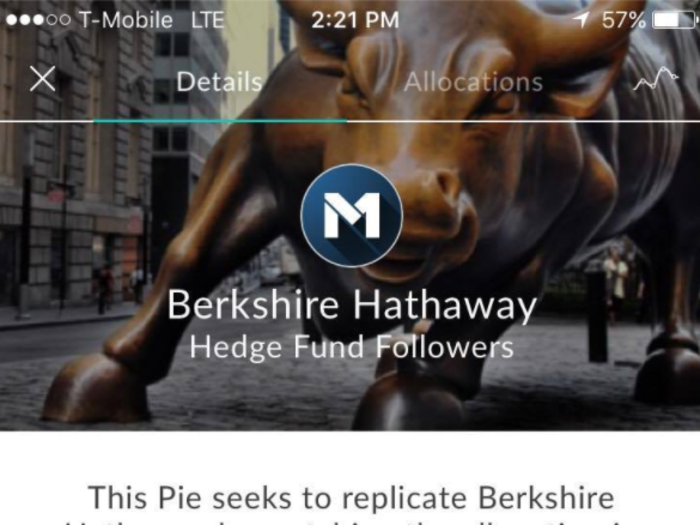 The Berkshire Hathaway pie, which mimics the holdings of famed investor Warren Buffett, makes up 4% of my portfolio.