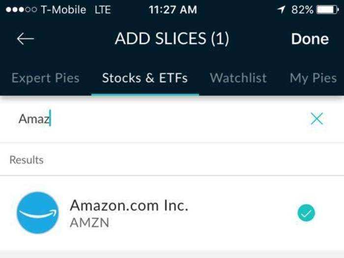 Since M1 allows you to purchase partial stocks, you can invest in a blue chip company like Amazon, which trades at over $1,000 per share, with just $100. To add a stock to your pie you just click the check button to the right of the company