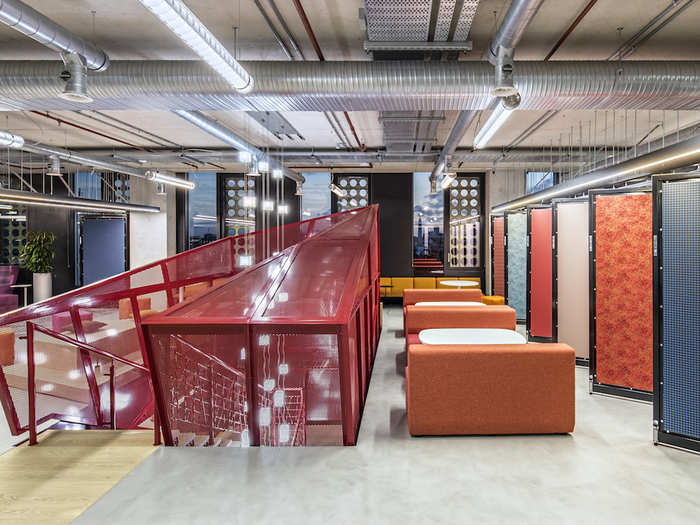 The top of the staircase ends with this quirky red structure.