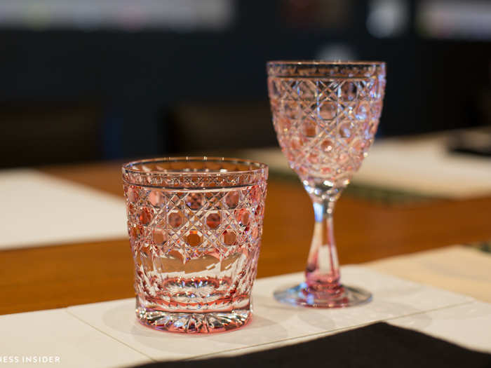 Every part of the dining experience shouts luxury. The glassware is hand-cut crystal.